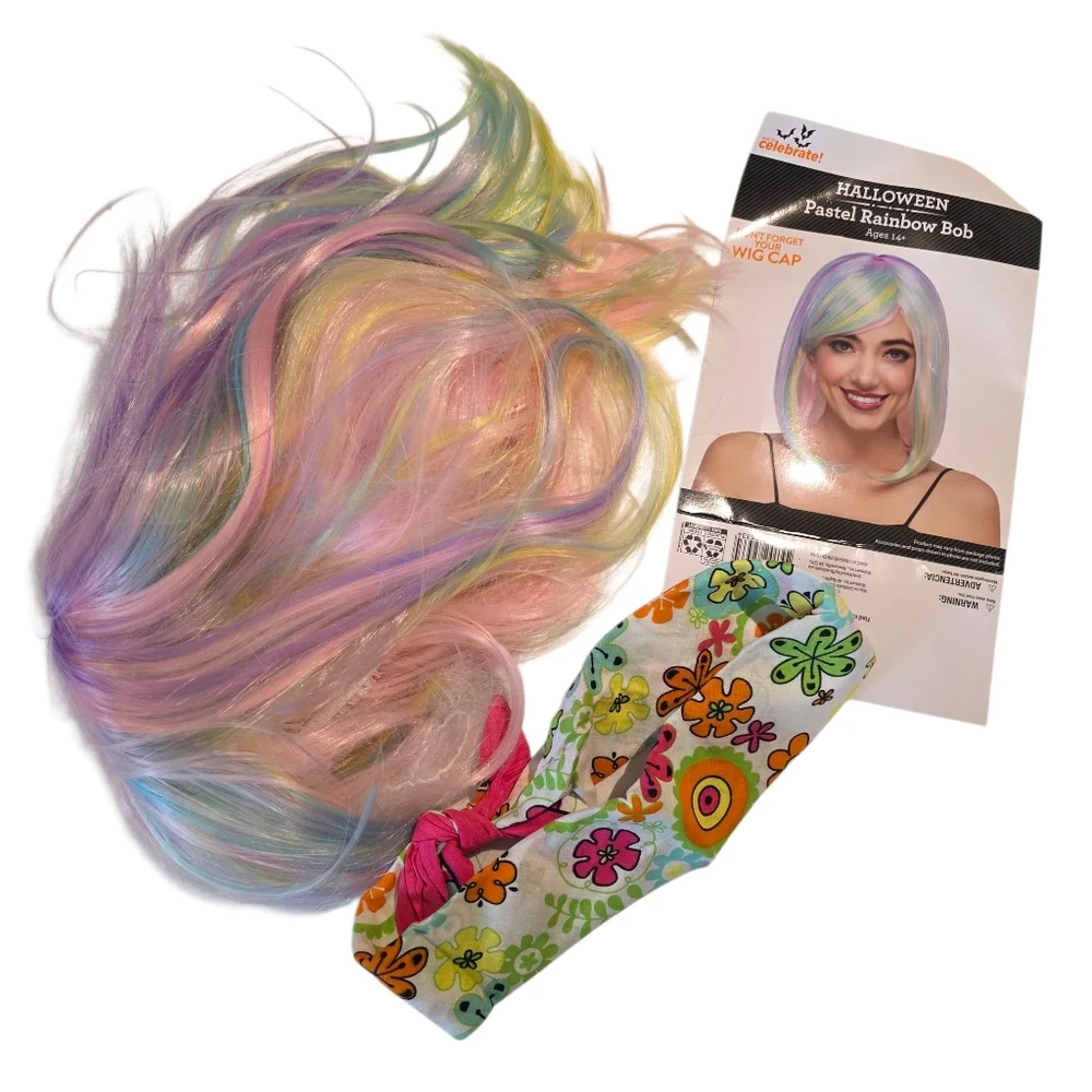 Dreamgirl Multicolor Pastel Wig And Bandana Headband EUC
